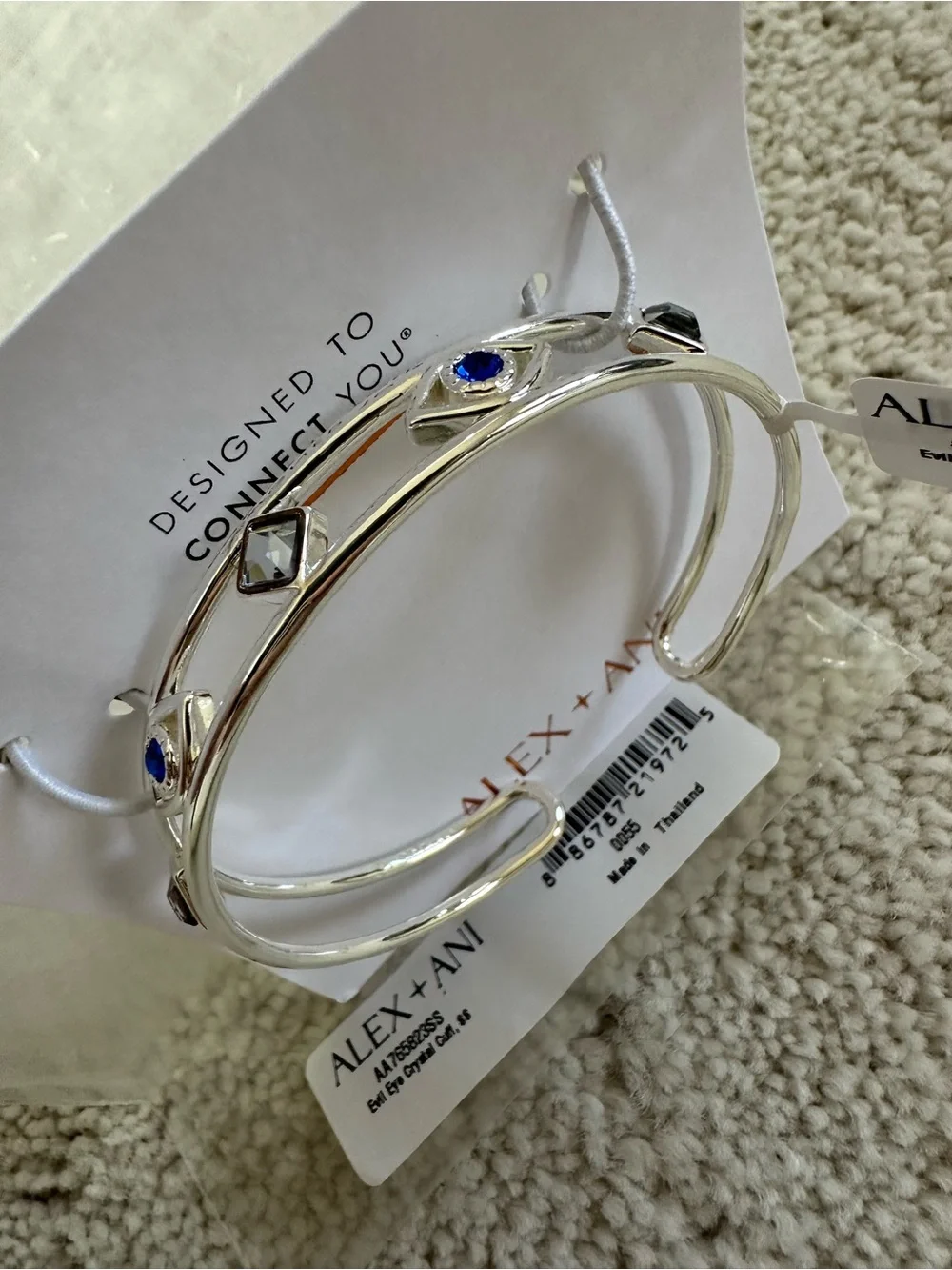 NWT Alex and Ani Silver Evil Eye Cuff Bracelet with Blue and Clear Stones - Picture 2 of 5
